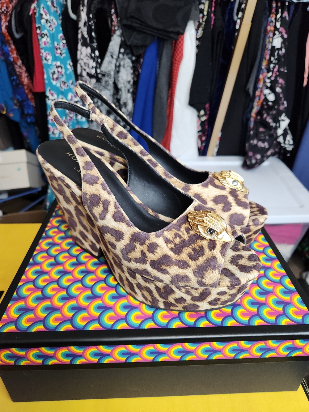Leopard Print Platform Wedge Slingbacks with Gold Hardware